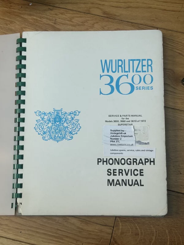 Wurlitzer 3600 Phonograph Service Manual. Original. Excellent Condition.